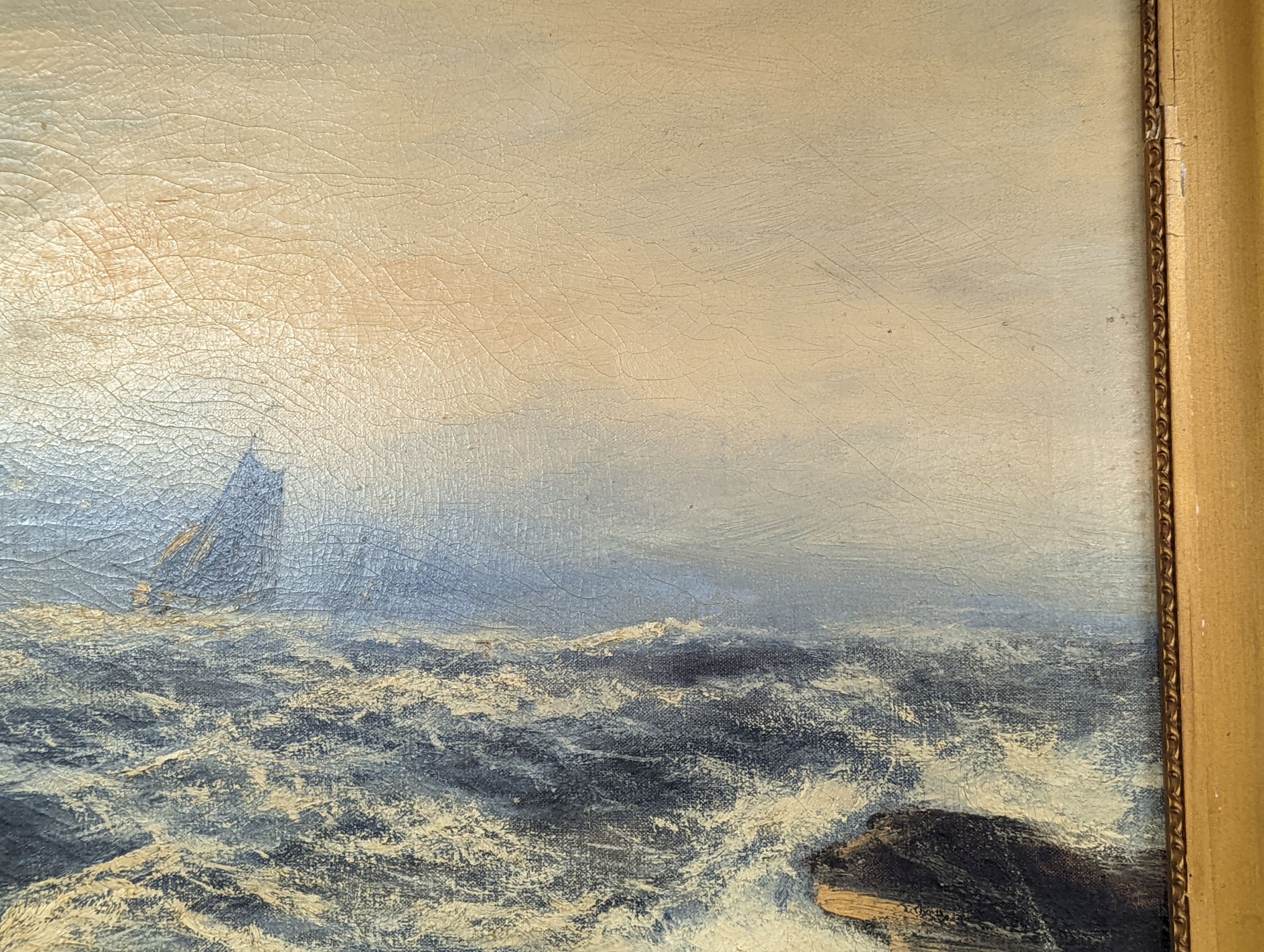 English School c.1900, oil on canvas, Fishing boats off the coast, 50 x 76cm